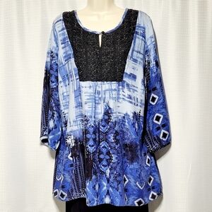 80s VTG Dress Barn Indigo Southwest Beaded Long Sleeve Pop Over Blouse (18/20)